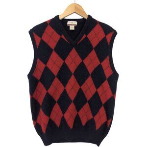 Vintage Jos A Bank Lambswool Sweater Vest Men XL Blue Red Argyle Pullover V-Neck